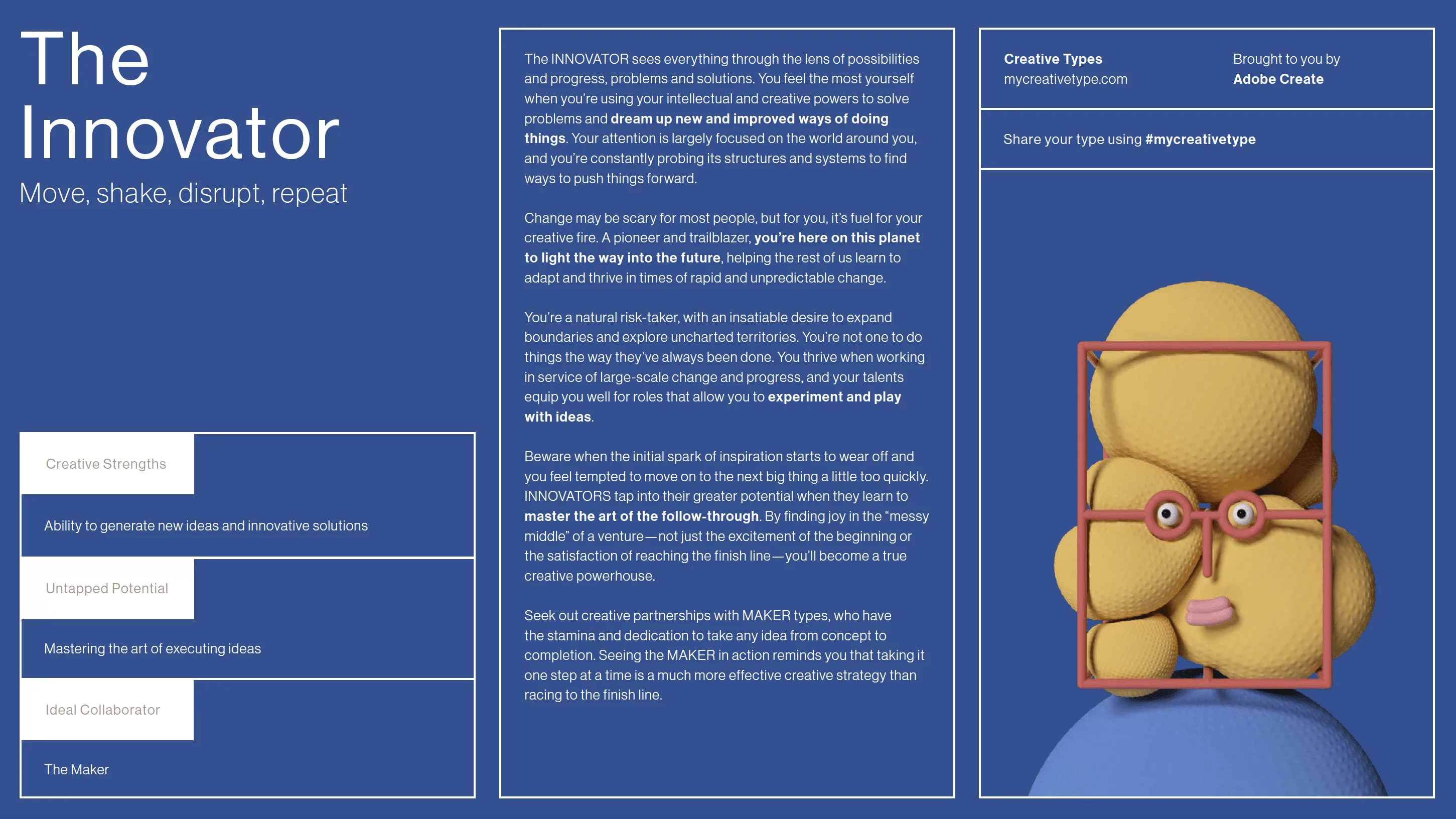 The Innovator result page from Adobe's Creative Types: the tagline Move, shake, disrupt, repeat, panels for creative strengths, untapped potential and ideal collaborator, and a yellow 3D character in red frame glasses