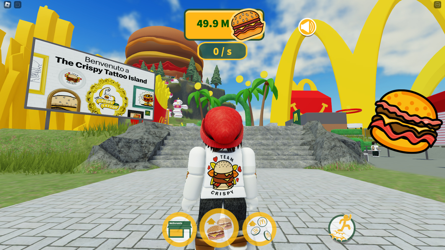 A Roblox avatar in a Team Crispy shirt faces a giant burger hill on The Crispy Tattoo Island by McDonald's, with a 49.9 M burger counter, a 0/s rate and a large burger icon on screen