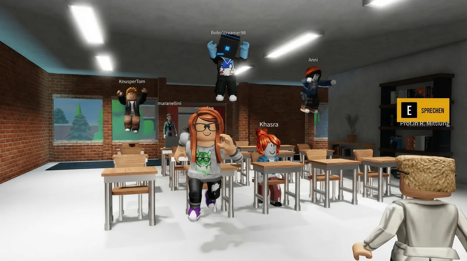 Roblox avatars among desks in a Zoll Campus classroom, with an on-screen prompt to speak to Prof.in R. Mittlung
