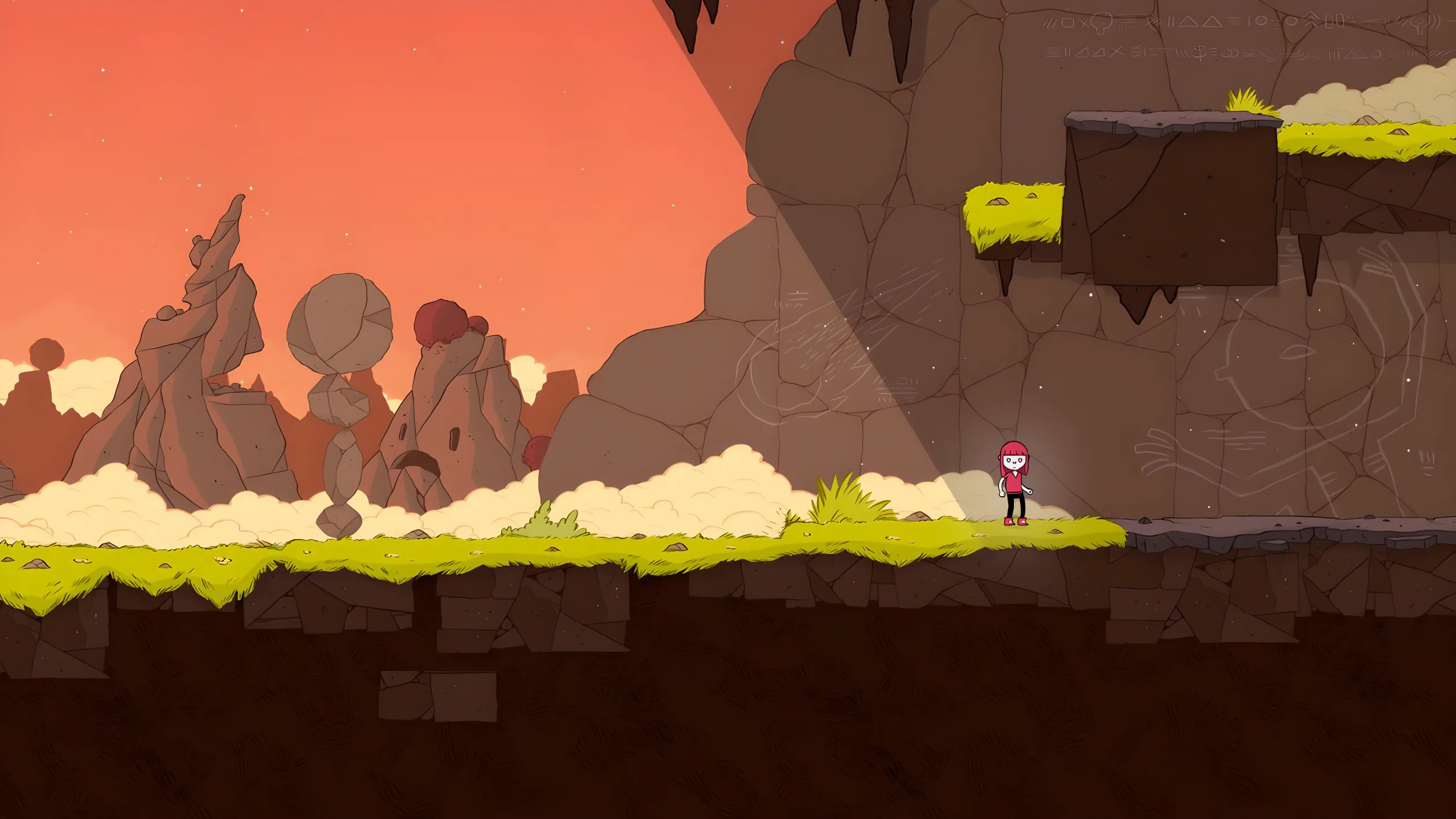 The End for Channel 4: a small red-haired avatar stands on a grassy ledge below a rock wall carved with faint drawings, lit by a beam of light, with balanced rock towers against an orange sky