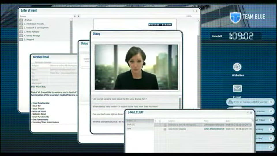 Houthoff Buruma's The Game interface with Team Blue's countdown, a letter of intent, emails and a video window