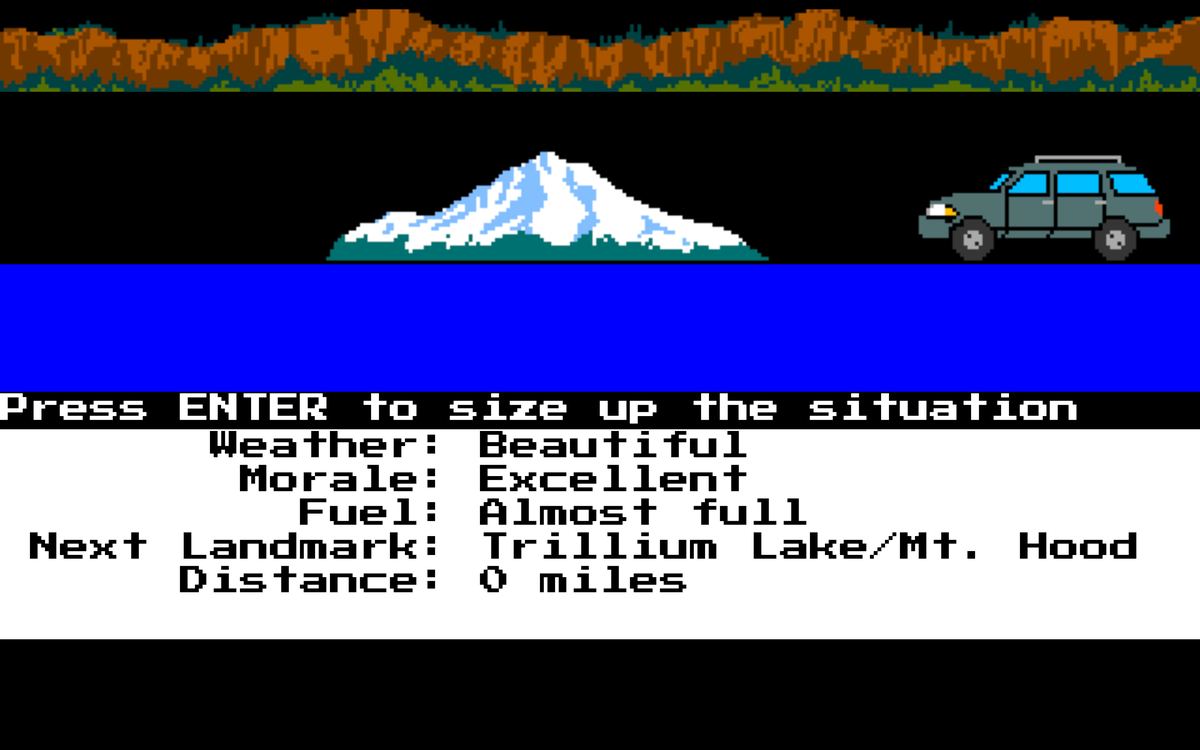 Pixel-art station wagon heading for Mt. Hood in Travel Oregon's The Game, with weather, morale and fuel readouts