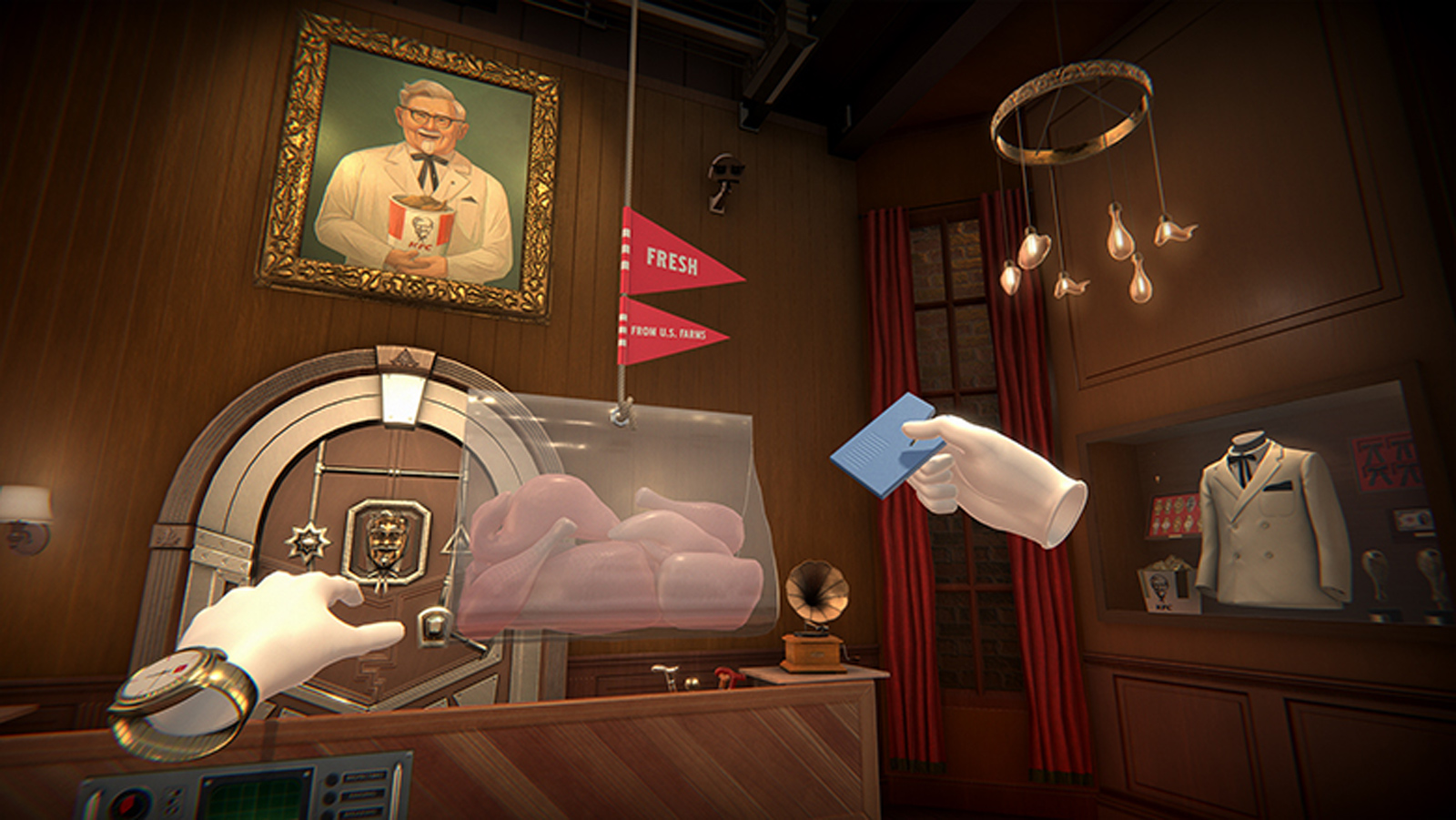 Player's view in The Hard Way for KFC: white-gloved VR hands, one holding a blue card, beside a hanging bag of raw chicken pieces, under a gold-framed portrait of Colonel Sanders with a KFC bucket and red pennants reading Fresh From U.S. Farms