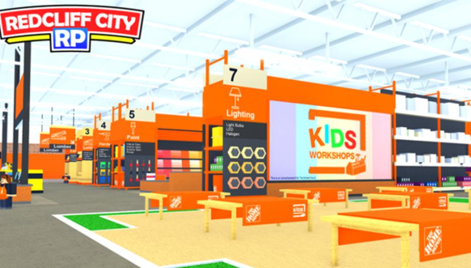 Virtual Home Depot store on Roblox with numbered aisles and Kids Workshops tables