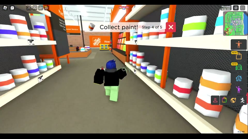 A Roblox avatar heads down a paint aisle, prompted to collect paint, in The Home Depot's Virtual Kids Workshops