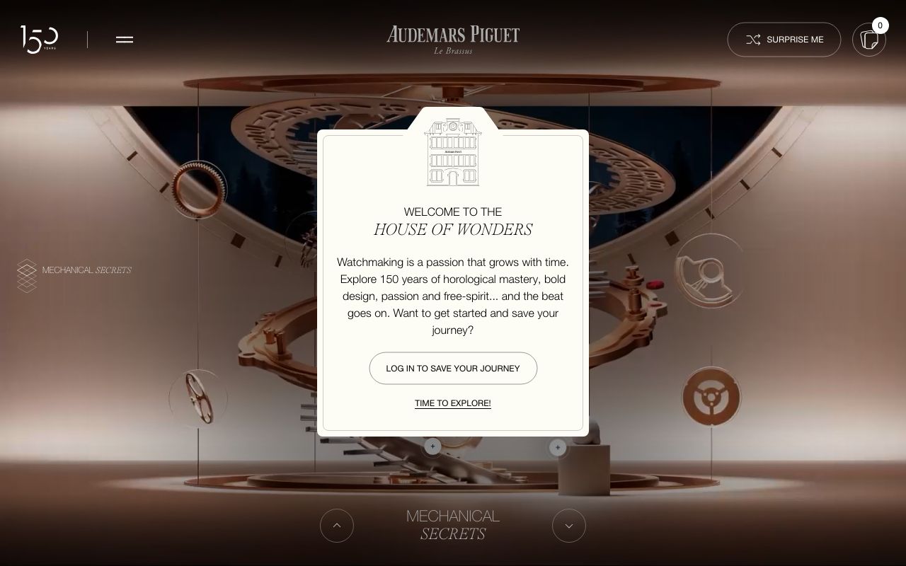 Welcome screen of The House of Wonders over the Mechanical Secrets room, inviting players to log in and save their journey, Audemars Piguet