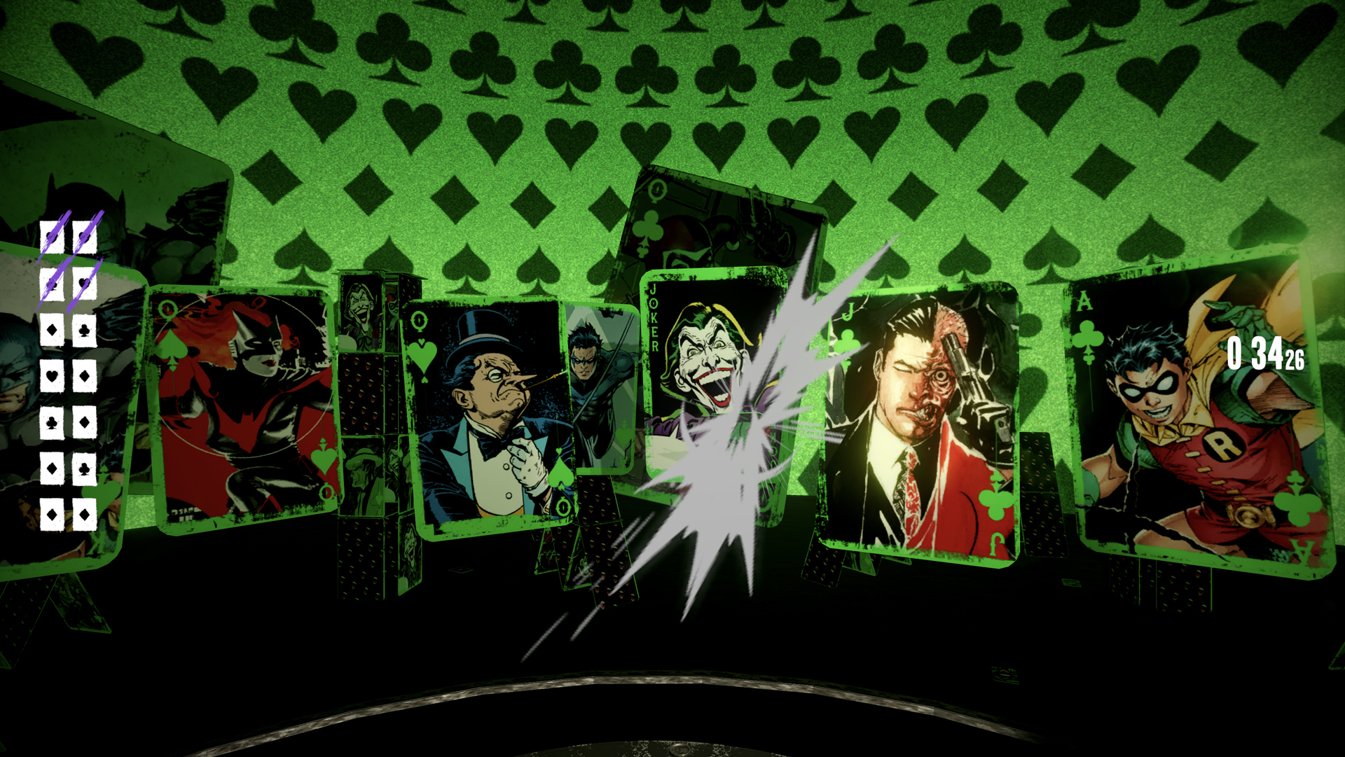 The card-duel trial in The Joker's Escape for DC: illustrated playing cards of DC heroes and villains against a green card-suit wall, with a timer on screen