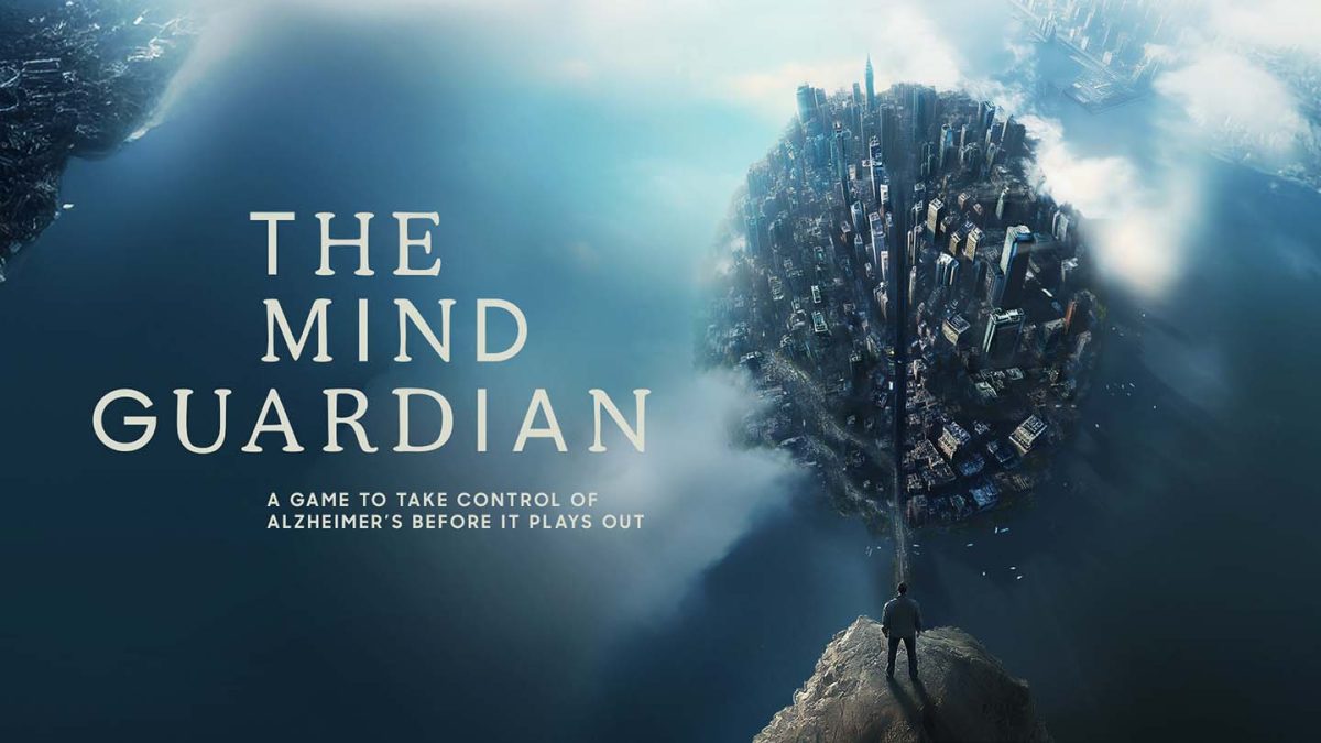 The Mind Guardian key art: a man on a cliff facing a city folded into a sphere, Samsung