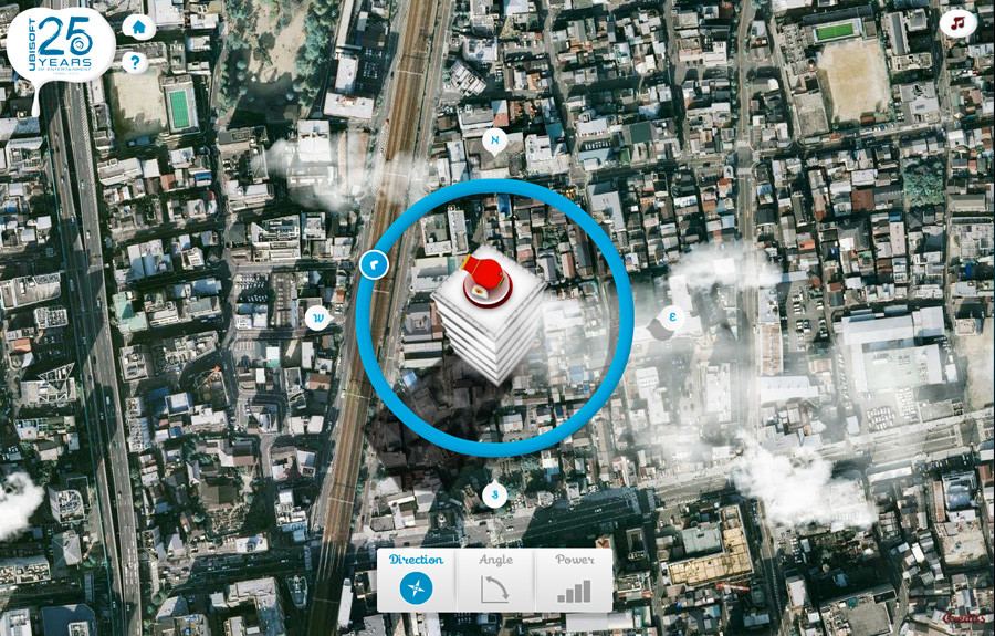 The Pie's The Limit: a cannon-topped tower on a satellite city map, with direction, angle and power controls, Ubisoft