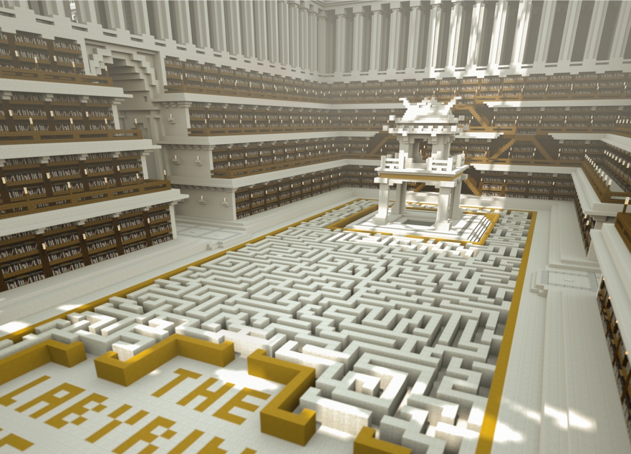 A hall in The Uncensored Library in Minecraft for Reporters Without Borders: a white block maze set into the floor behind gold lettering, cut off at the edge, that begins THE LABYRIN, a white pavilion at the far end and tiers of bookshelves on every side