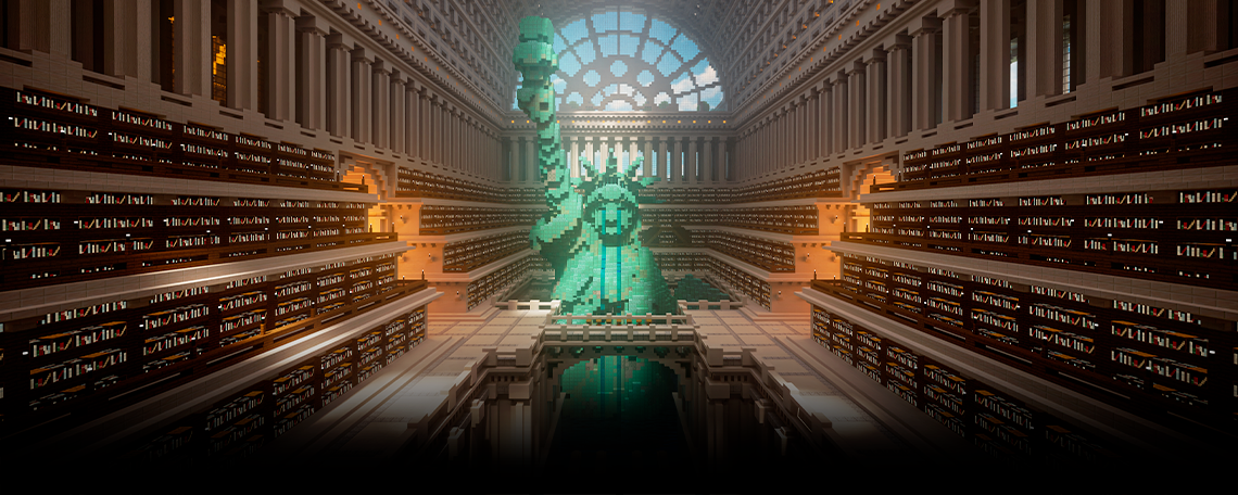 A long hall in The Uncensored Library in Minecraft for Reporters Without Borders: a green block-built Statue of Liberty rises over a pool in the centre, with tiers of bookshelves on both sides and a tall arched window behind
