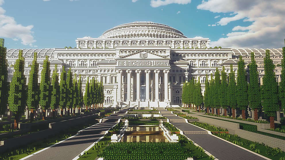 The Uncensored Library in Minecraft for Reporters Without Borders: a white domed palace with columns and the words The Uncensored Library over the entrance, at the end of an avenue of tall narrow trees and a long pool