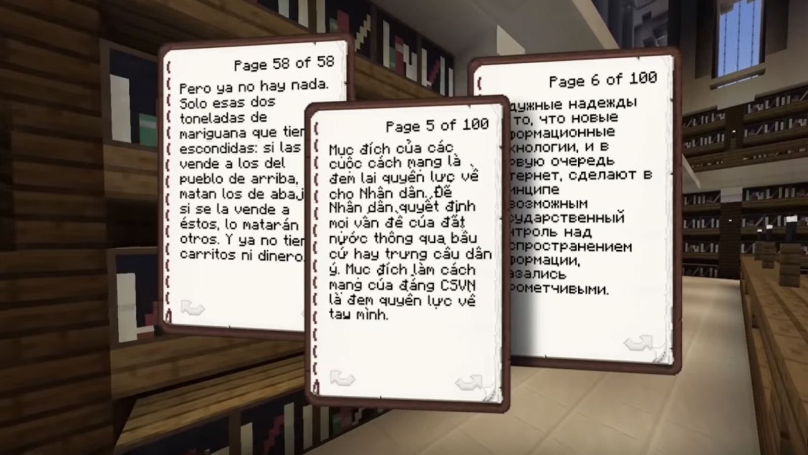 Three open Minecraft book pages in The Uncensored Library for Reporters Without Borders, marked Page 58 of 58, Page 5 of 100 and Page 6 of 100, each filled with text in a different language, in front of wooden bookshelves