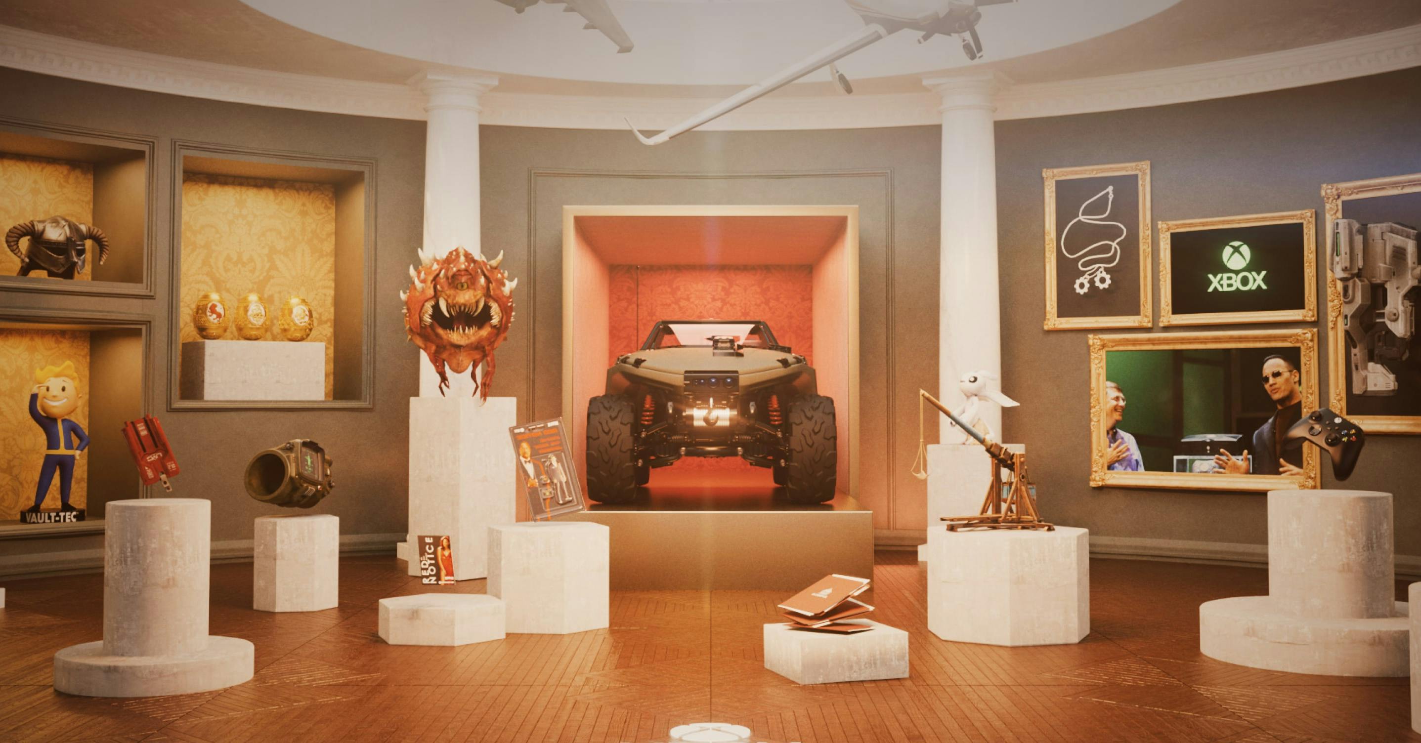 Inside The Xbox Vault: a Halo Warthog on display among Xbox artefacts on plinths and framed pictures, Microsoft