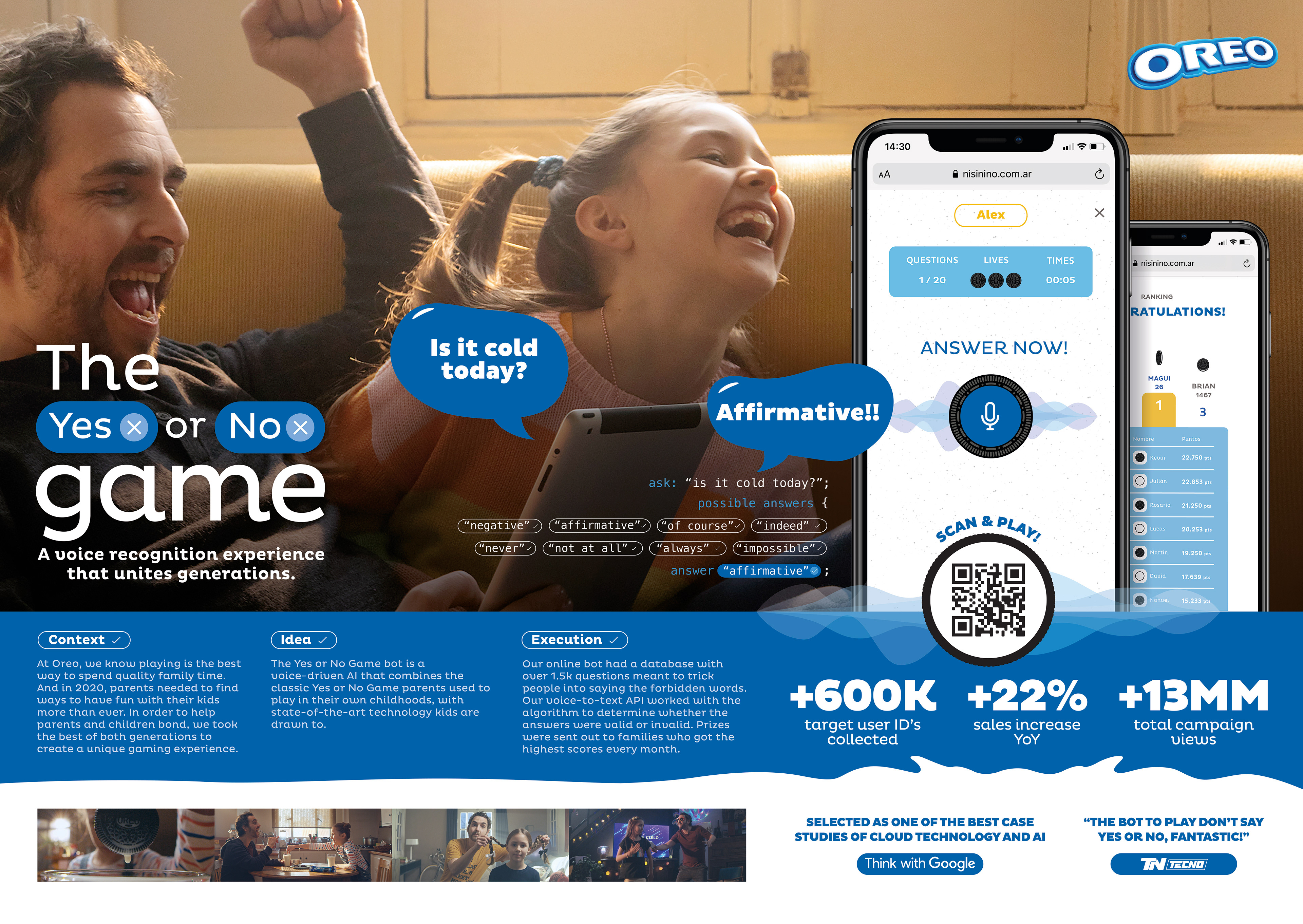 Case board for Oreo's The Yes or No Game: a man and a girl laugh on a sofa beside a phone showing the game at nisinino.com.ar, with a microphone button under Answer now, question 1 of 20, three cookie icons under Lives and a ranking on a second phone