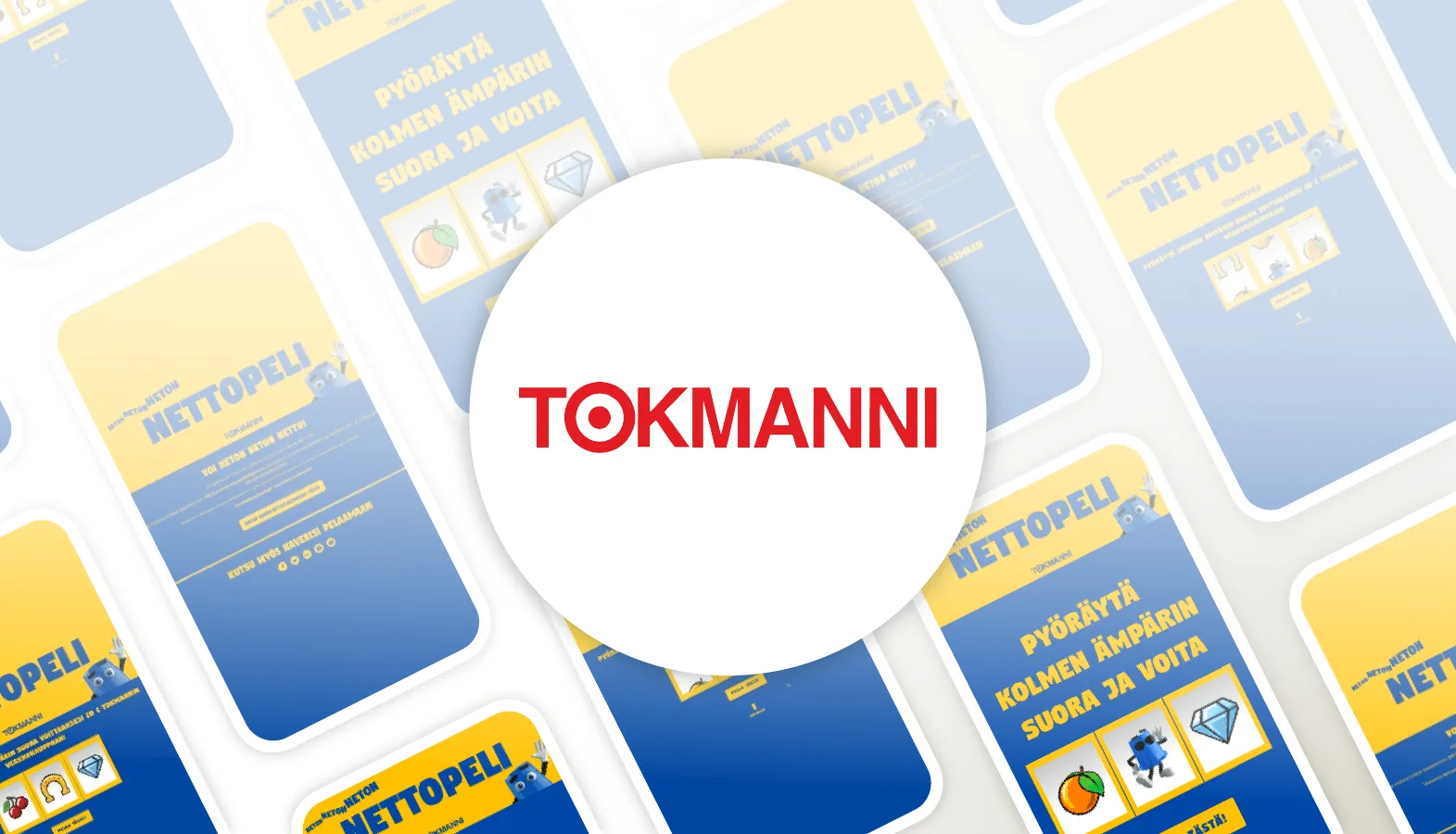 Tokmanni slot machine game on phone screens in yellow and blue: a Nettopeli heading, a Finnish line about spinning three buckets, and reels showing an orange, a blue bucket character and a diamond, around the Tokmanni logo
