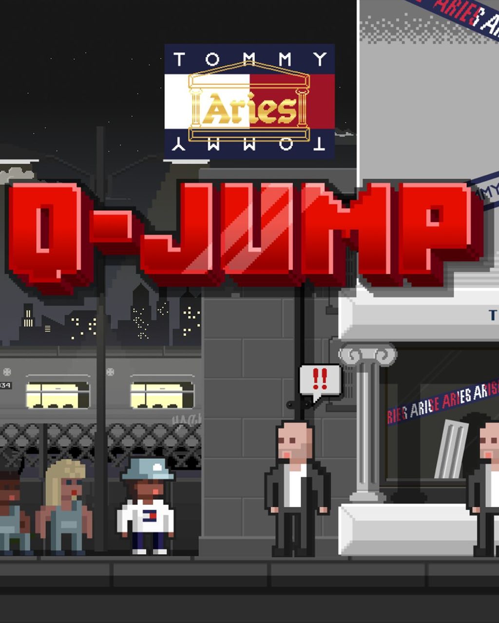 Q-Jump artwork for Tommy Hilfiger: the Tommy flag logo with the gold Aries temple mark inside it above red pixel letters reading Q-Jump, and pixel-art people queuing on a night street outside a shop, two men in black suits by the door