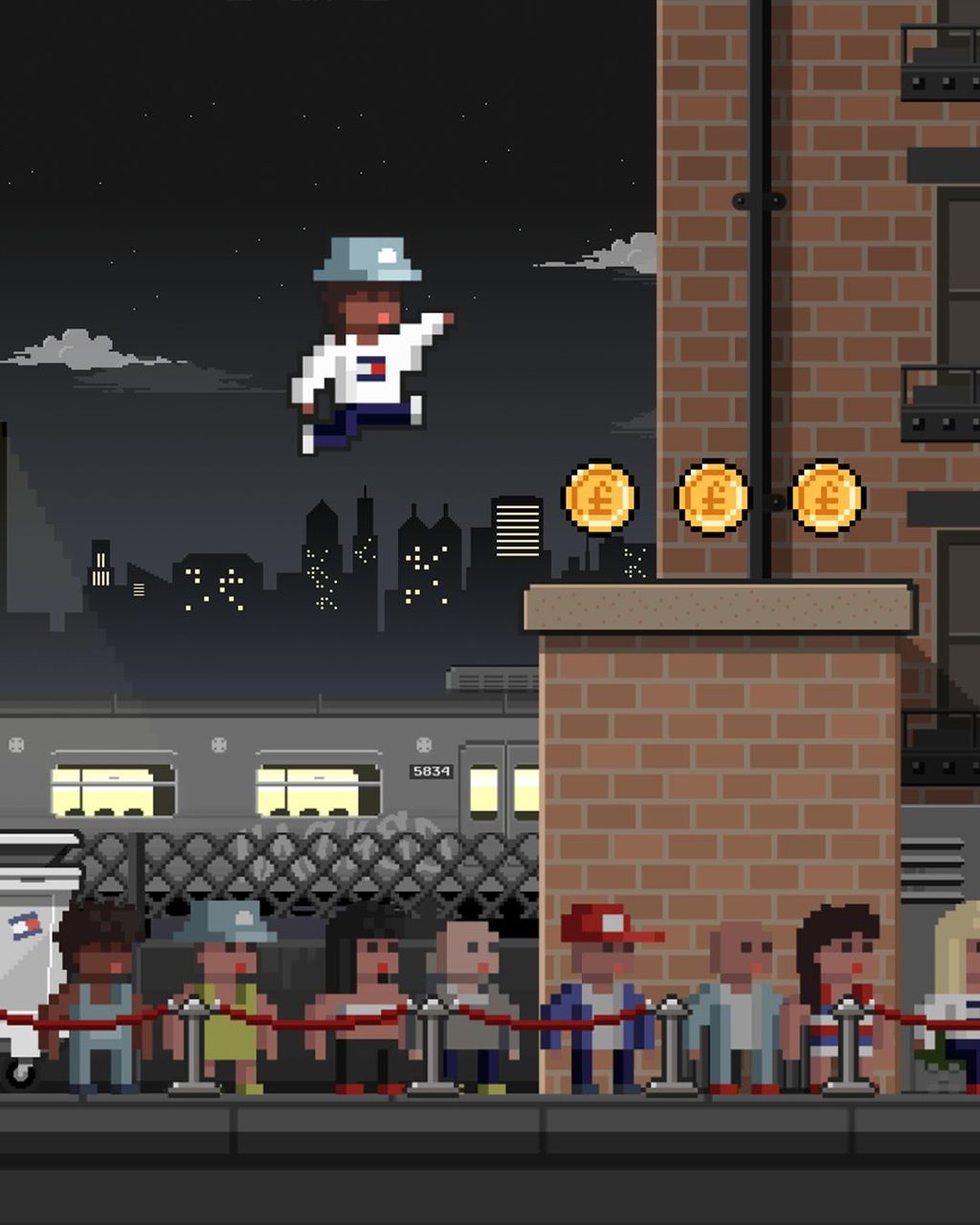 Q-Jump for Tommy Hilfiger: a pixel-art avatar in a bucket hat and a white top with the Tommy flag leaps over a roped-off queue towards three gold pound coins above a brick ledge, with a subway train behind