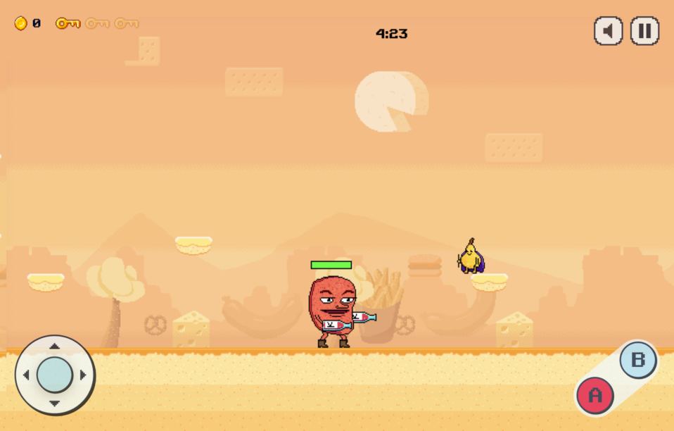 Pixel-art level in Tough Cookies: The Game for IGA, with a caped pear facing a red character holding bottles