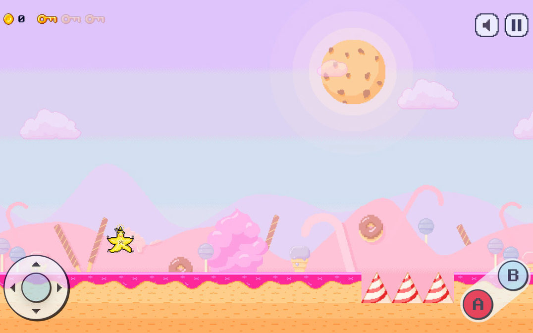 Star-shaped hero in a pink candy level of the Tough Cookies platformer for IGA, with on-screen controls