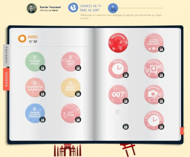 The badges page of the passport in Air France's Traveling The World: a counter reading 1/18, the True Voyager badge earned in red and locked badges such as Mother Africa, Orient Express, 007 and Paparazzi, under a French-language counter of chances in the prize draw