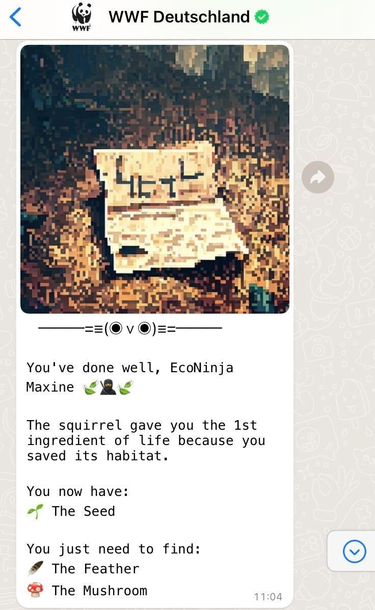 A WhatsApp chat with WWF Deutschland in Tree of Hope: a pixel-art image of a note on the ground, then a message telling EcoNinja Maxine that the squirrel gave the Seed and that the Feather and the Mushroom are still to find