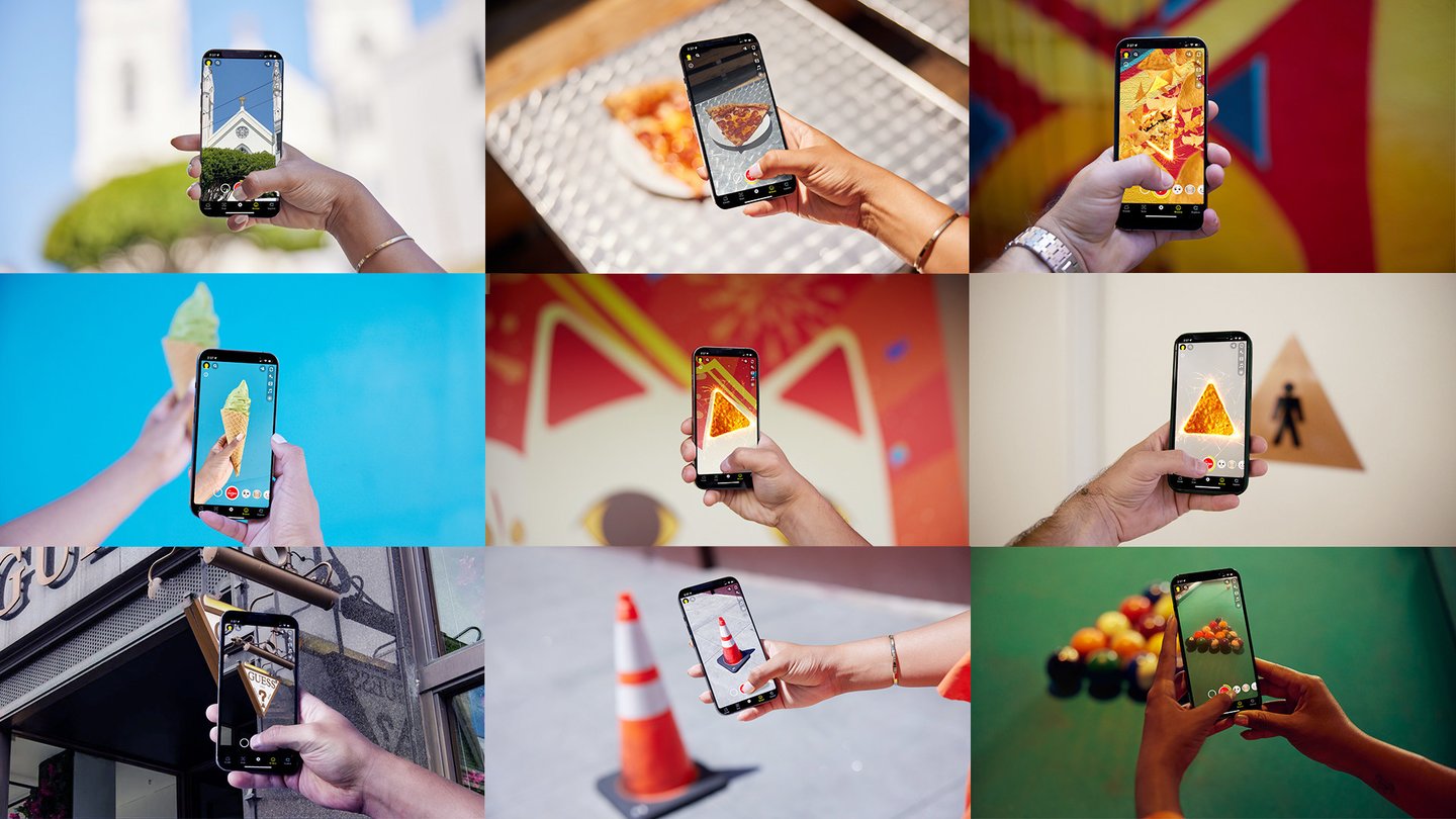 Nine photos of hands pointing phones running Doritos' Triangle Tracker Snapchat lens at real triangles, including a church roof, a pizza slice, an ice-cream cone, a traffic cone, a GUESS sign and a rack of pool balls, with a glowing Doritos chip in place of the triangle on some screens