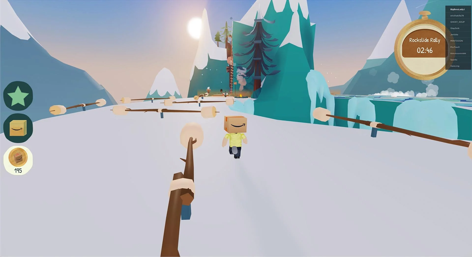 Trip Around the Blox for Amazon on Roblox: an avatar wearing an Amazon box as its head runs across a snowy course lined with marshmallows on sticks, under a Rockslide Rally timer at 02:46