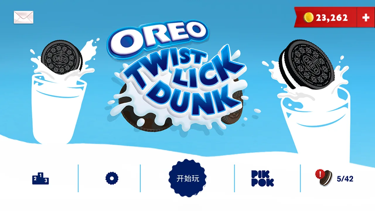 Title screen of Oreo's Twist, Lick, Dunk app: the game logo between two Oreo cookies splashing into glasses of milk, a red coin counter reading 23,262 with a plus button in the top corner, and a menu bar with a start button