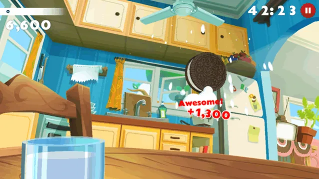Oreo's Twist, Lick, Dunk: an Oreo cookie in mid-air in a cartoon kitchen, with a glass of milk in the foreground and an Awesome! +1,300 score pop-up