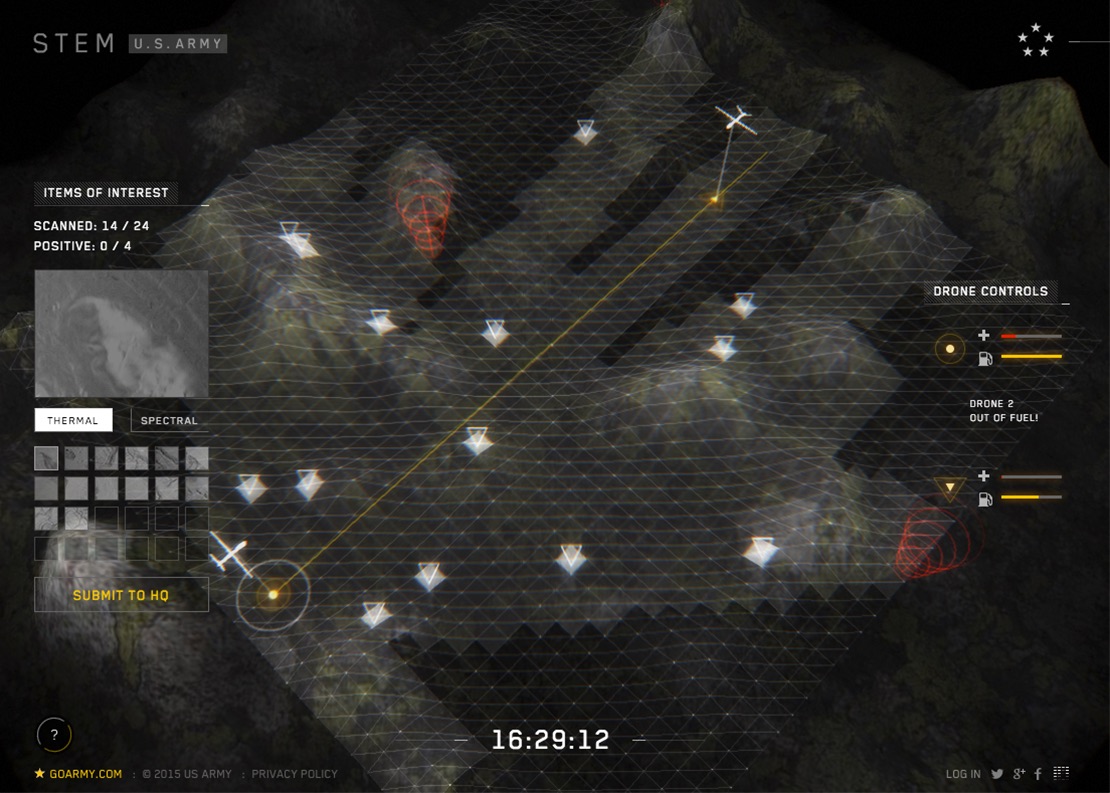 A drone-search level of the U.S. Army's Cryptaris Mission: a mesh of mountain terrain with drone flight lines and red cone markers, a panel reading 14 of 24 items scanned, a Submit to HQ button, a Drone 2 out of fuel warning and a 16:29:12 readout