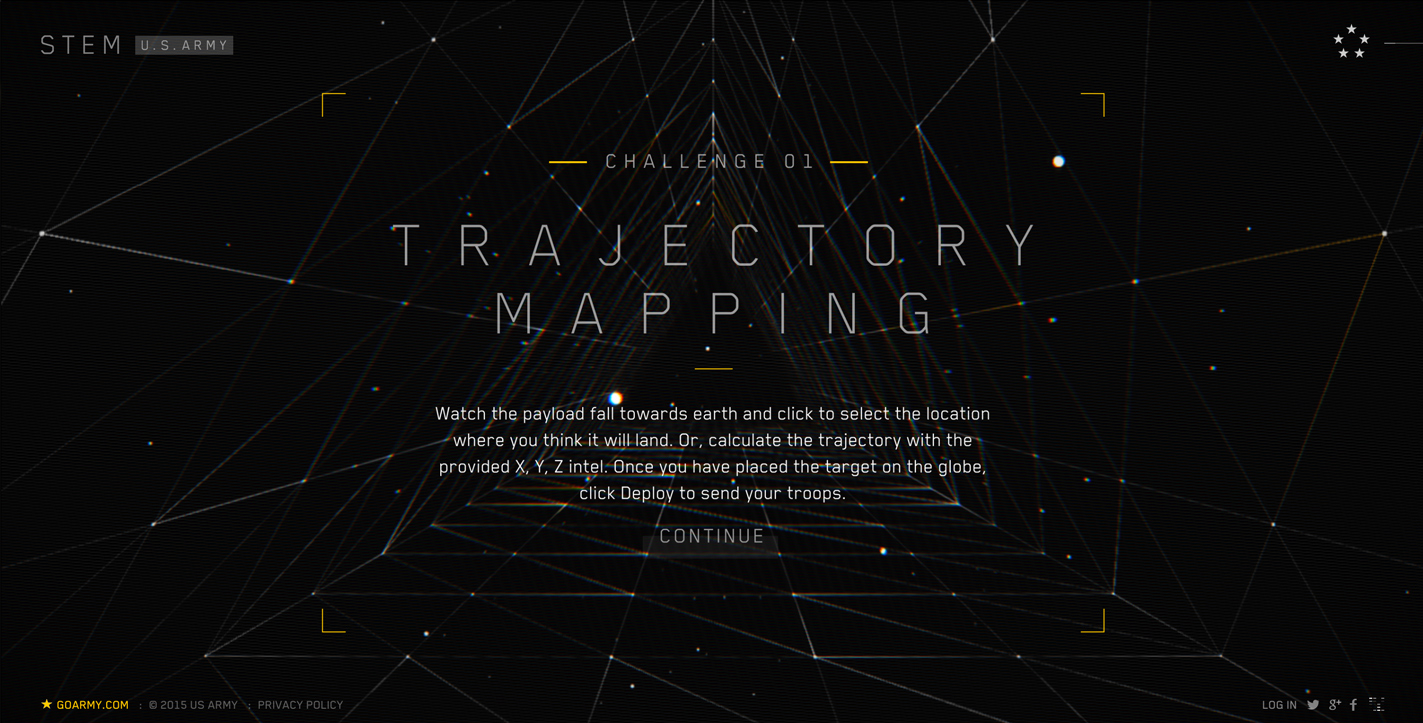 Cryptaris Mission briefing screen for Challenge 01, Trajectory Mapping, on a dark star field