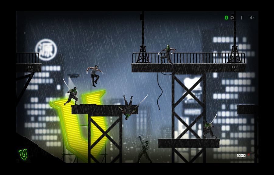 Wolverine Tokyo Fury for V Energy Drink: Wolverine leaps through the rain between steel platforms surrounded by ninjas with swords, beside a giant glowing green V sign