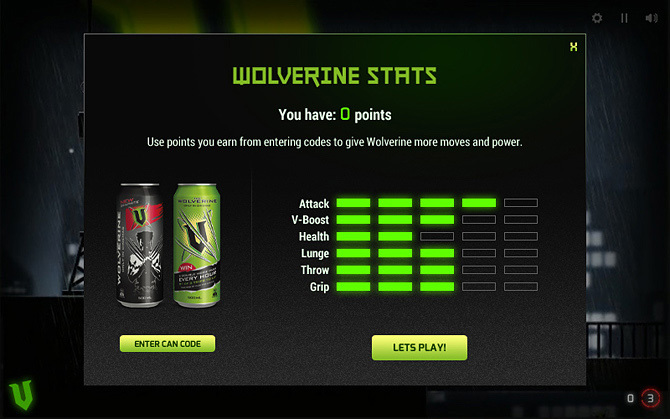 Wolverine Stats screen in Wolverine Tokyo Fury for V Energy, where points from can codes upgrade attack, health and grip