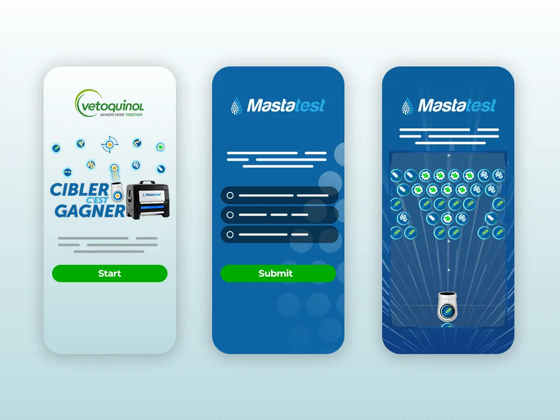 Three phone screens from Vetoquinol's Mastatest game: start screen, quiz question and bubble shooter