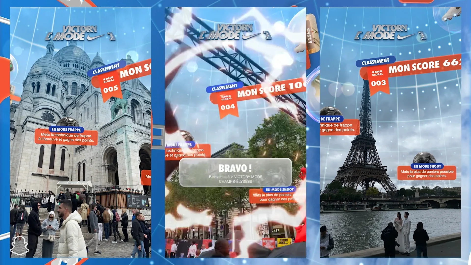 Three Snapchat screens from Nike's Victory Mode lens over Sacré-Cœur, a Paris street and the Eiffel Tower, each with a Classement badge showing a global rank and a Mon score banner, with prompts for the En mode frappe and En mode shoot challenges and the middle screen welcoming the player to Victory Mode Champs-Élysées