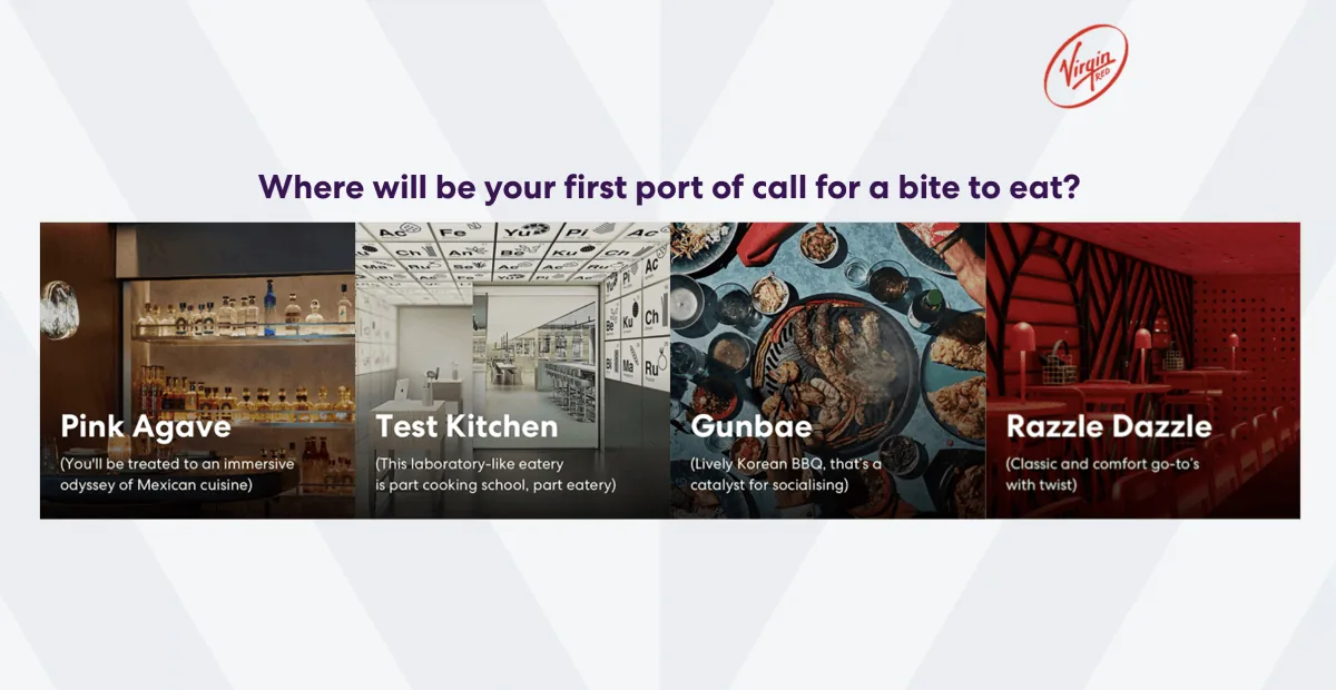 A Virgin Red quiz question asking where your first port of call for a bite to eat would be, with four restaurants to choose from: Pink Agave, Test Kitchen, Gunbae and Razzle Dazzle