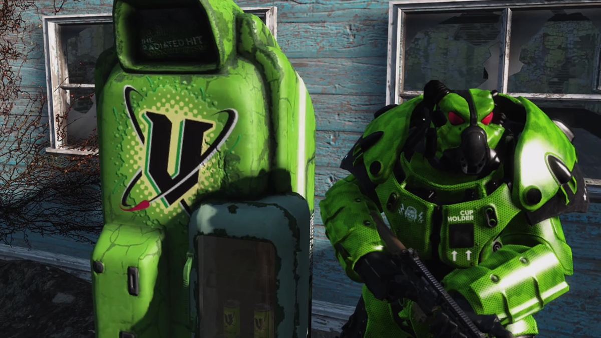 A green vending machine with the V Energy logo and cans of V behind its glass, beside a character in green power armour with a Cup Holder label on the chest, in Wasteland With A V for Fallout 4