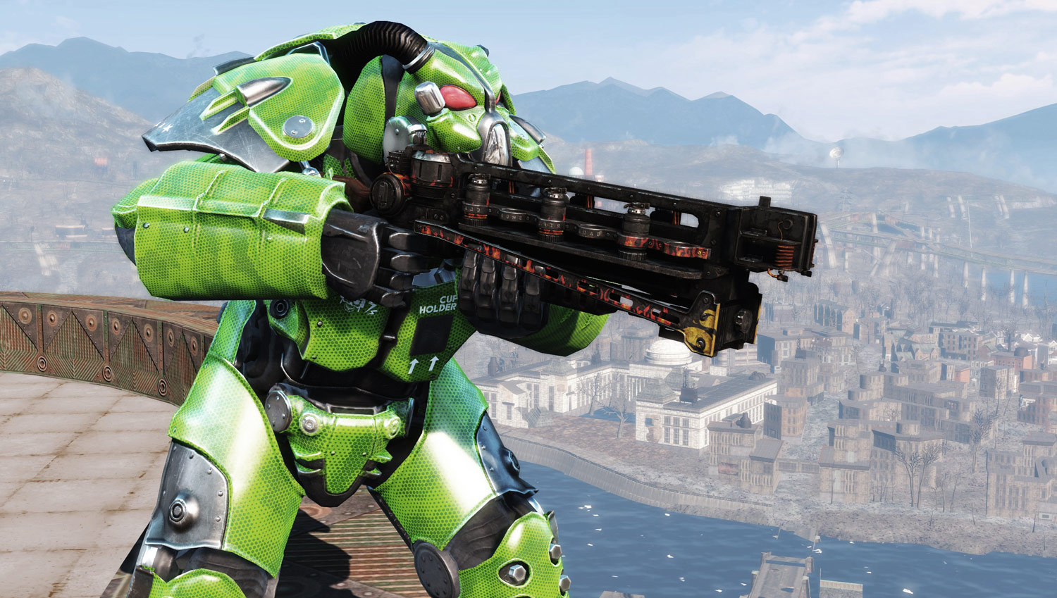 A character in bright green power armour with a Cup Holder label on the chest, aiming a heavy weapon over a ruined city in V Energy's Fallout 4 mod
