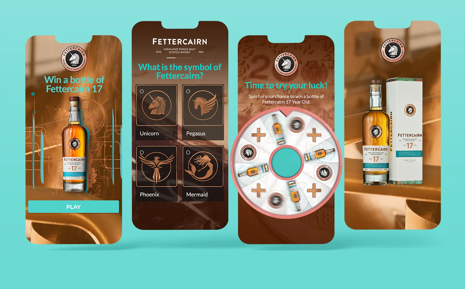 Four phone screens from Whyte & Mackay's Fettercairn game: a start screen offering a bottle of Fettercairn 17, a question on the Fettercairn symbol, a prize wheel and the bottle with its box