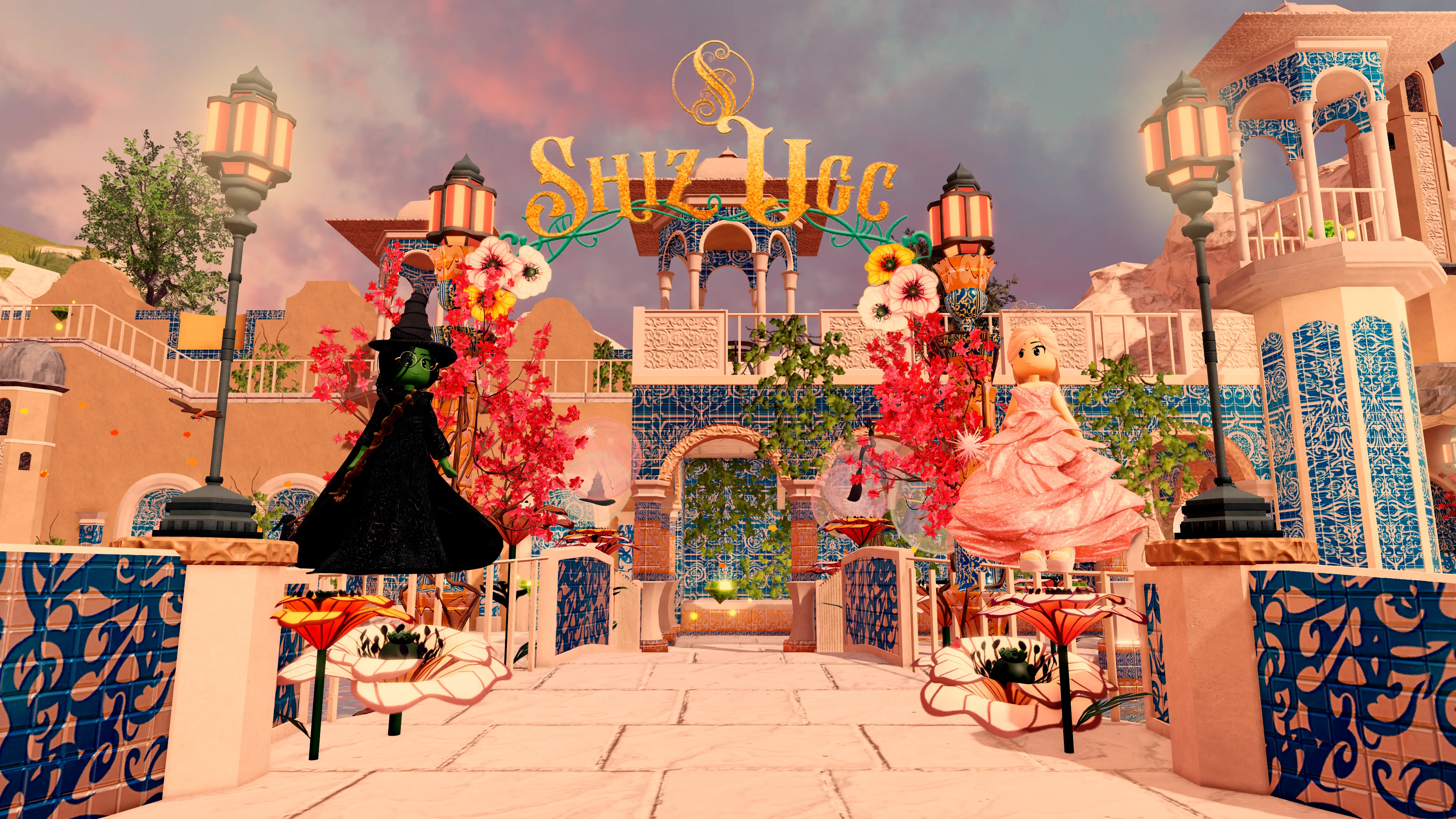 Wicked RP on Roblox: avatars styled as Elphaba, in a black gown and pointed hat, and Glinda, in a pink ruffled gown, flank a tiled archway under a gold Shiz UGC sign