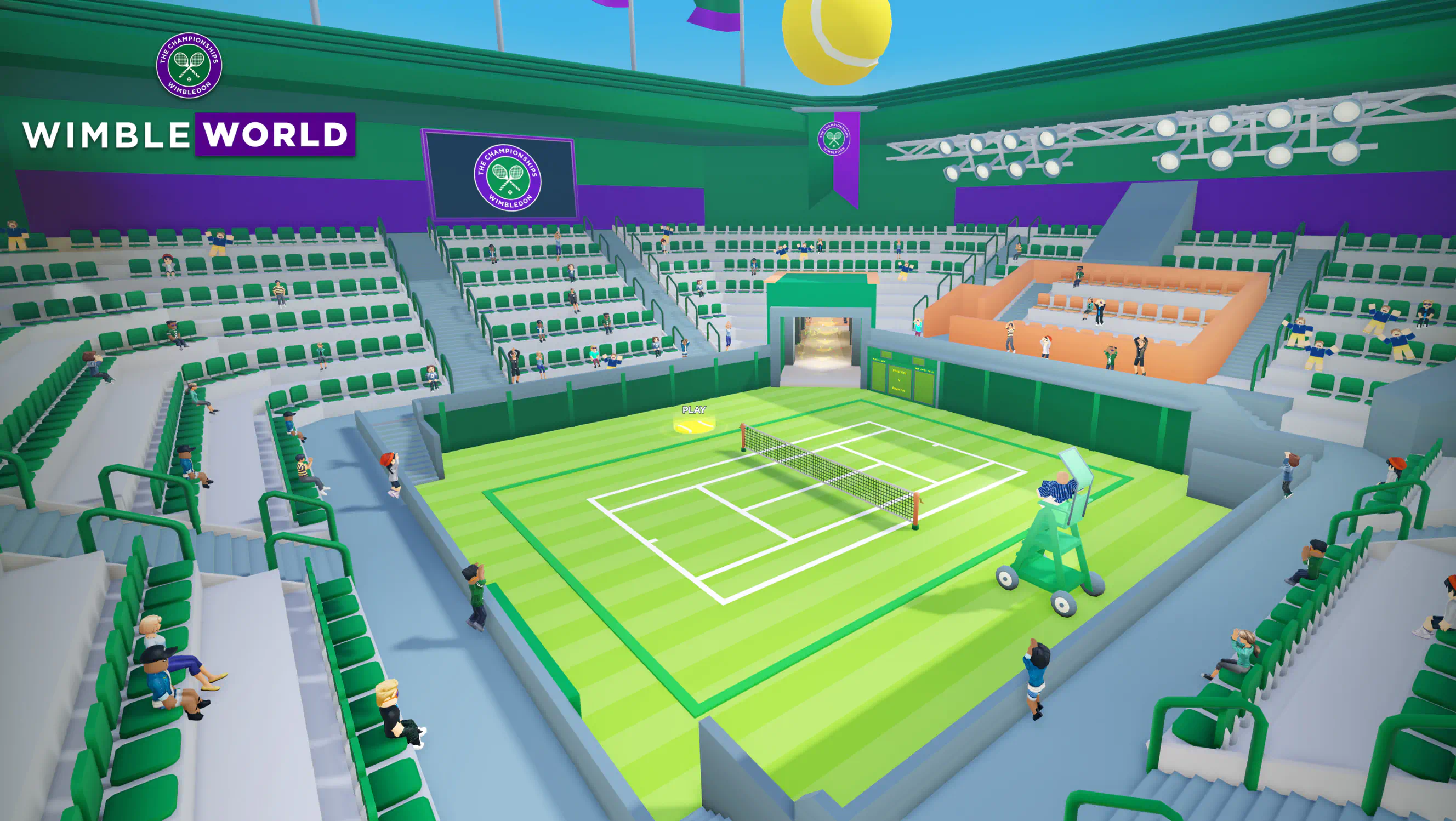 WimbleWorld for Wimbledon on Roblox: a blocky tennis stadium with green stands and Wimbledon logos, avatars scattered across the seats, an umpire's chair and a glowing Play marker on the grass court