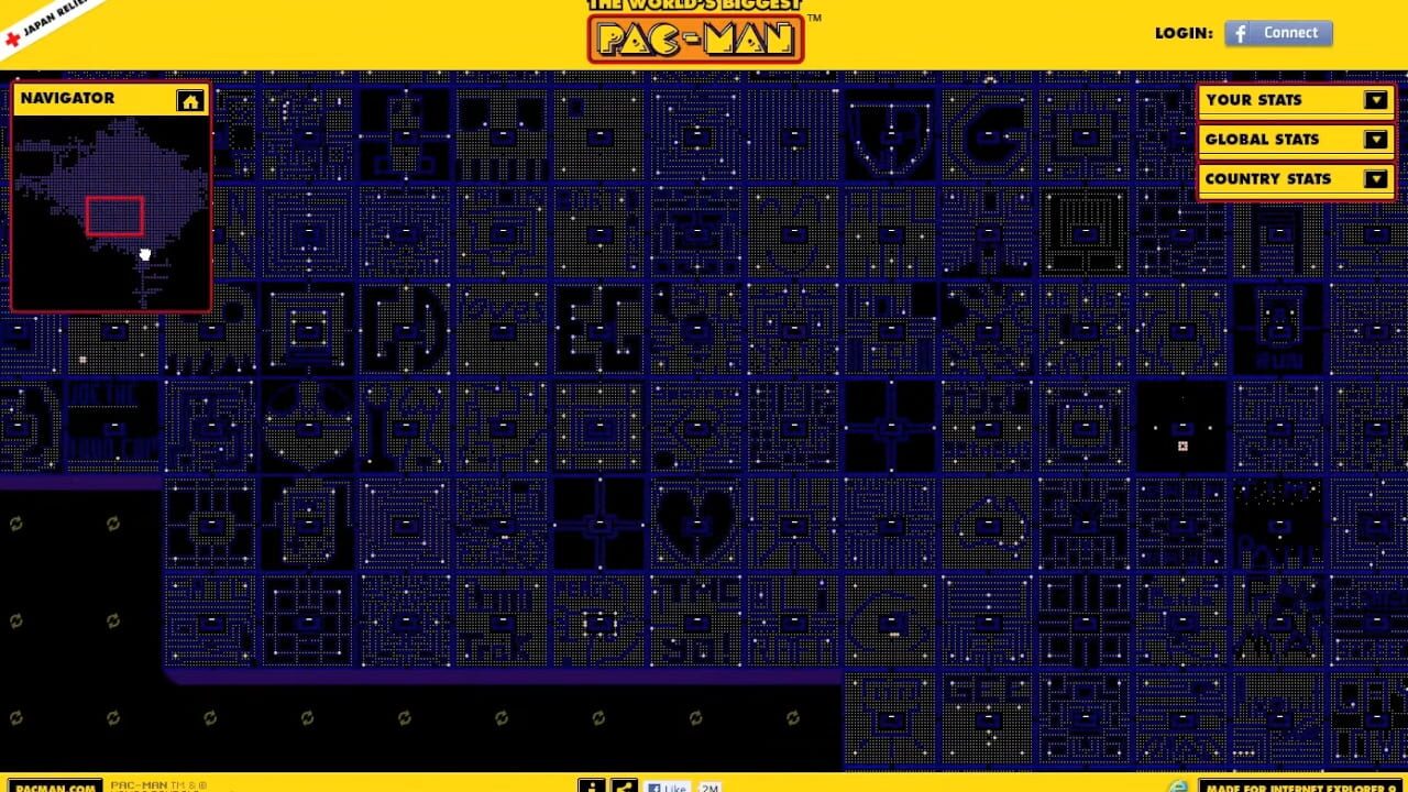 Grid of player-drawn mazes on the World's Biggest PAC-MAN map, with navigator and stats panels, PAC-MAN