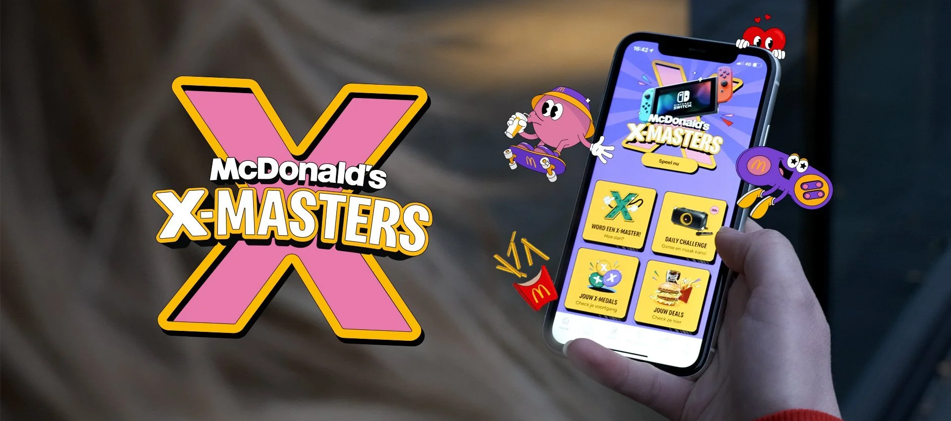 X-MASters home screen in the McDonald's app with tiles for the daily challenge, X-Medals and deals