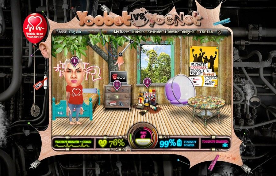 A Yoobot stands in its bedroom above a health meter in the British Heart Foundation's Yoobot vs YooNot.