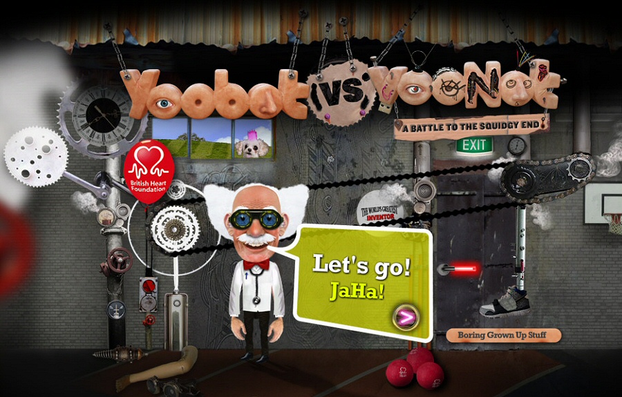 Yoobot Vs YooNot title screen with a cartoon inventor and the British Heart Foundation logo